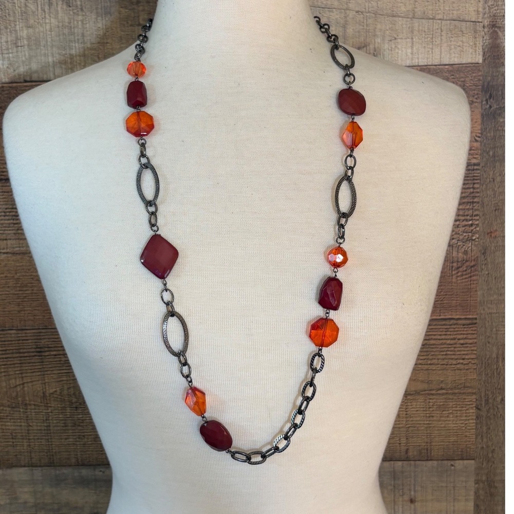 Gunmetal Long Chain Necklace Burgundy Orange Faceted Geometric Resin Beads